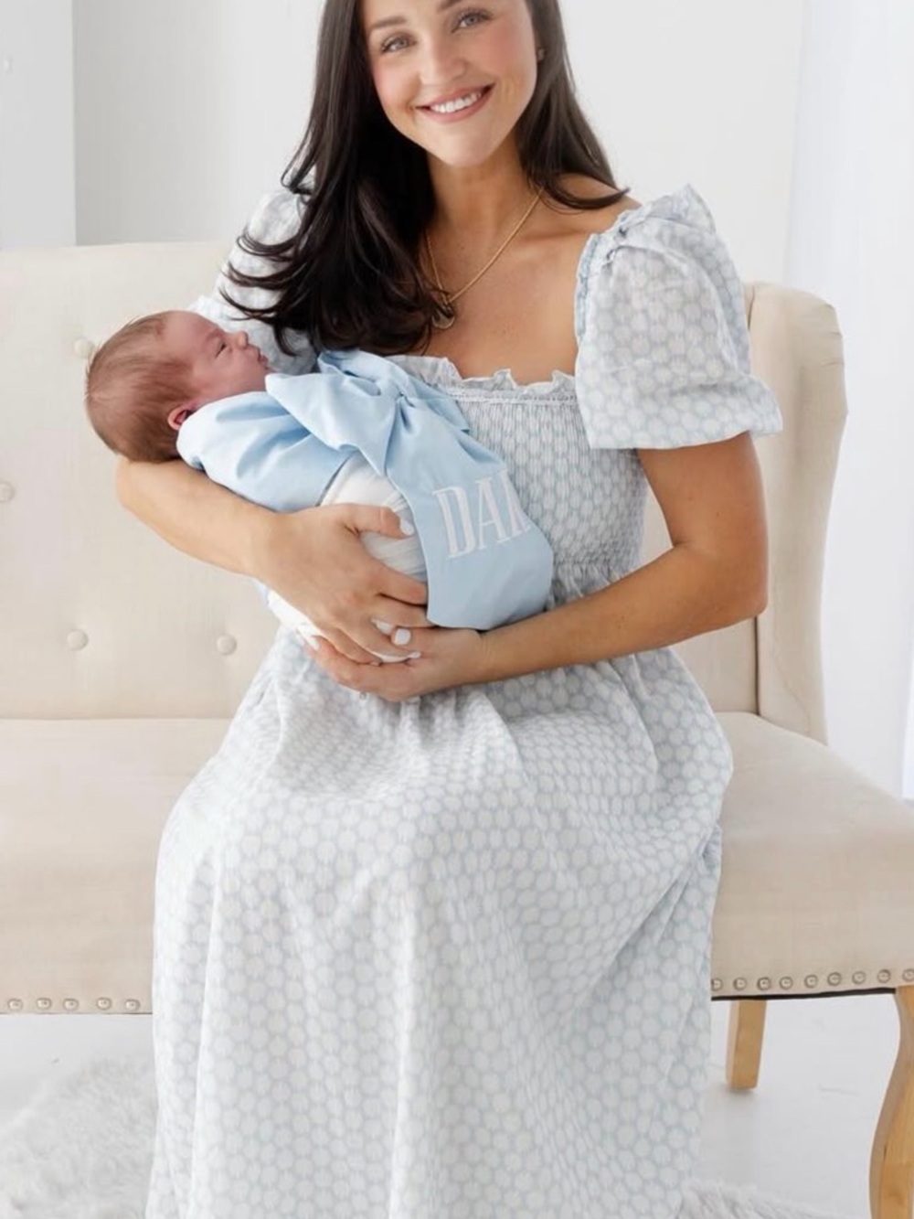 Light Blue Puff-Sleeve Smocked Midi Dress